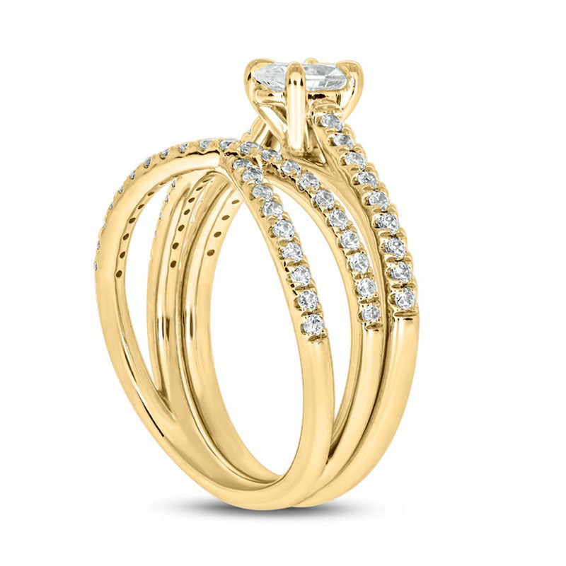 1.0 CT. T.W. Oval Natural Diamond Crossover Bridal Engagement Ring Set in Solid 10K Yellow Gold