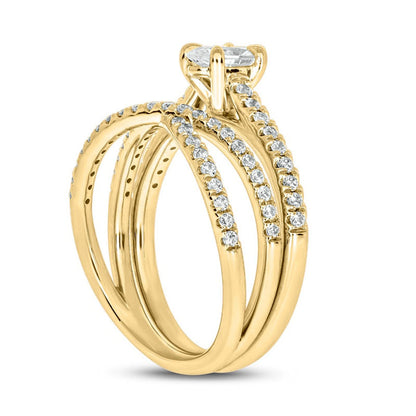 1.0 CT. T.W. Oval Natural Diamond Crossover Bridal Engagement Ring Set in Solid 10K Yellow Gold