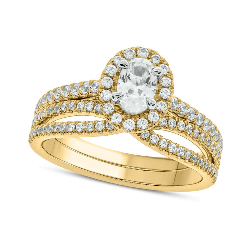 1.0 CT. T.W. Oval Natural Diamond Frame Crossover Bridal Engagement Ring Set in Solid 10K Yellow Gold