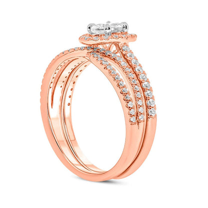 1.0 CT. T.W. Oval Natural Diamond Frame Crossover Bridal Engagement Ring Set in Solid 10K Rose Gold
