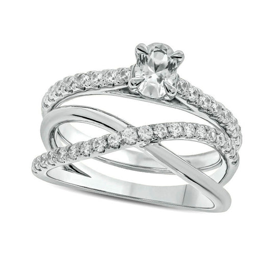 1.0 CT. T.W. Oval Natural Diamond Slant Bridal Engagement Ring Set in Solid 10K White Gold