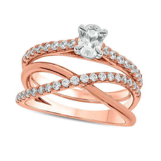 1.0 CT. T.W. Oval Natural Diamond Slant Bridal Engagement Ring Set in Solid 10K Rose Gold