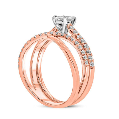 1.0 CT. T.W. Oval Natural Diamond Slant Bridal Engagement Ring Set in Solid 10K Rose Gold