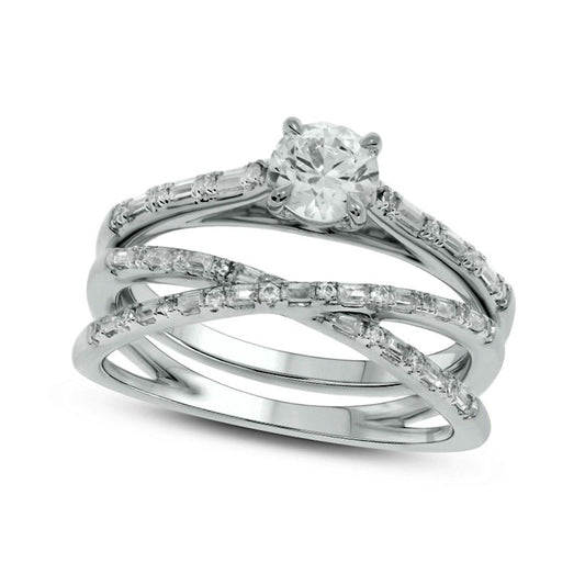 0.75 CT. T.W. Baguette and Round Natural Diamond Alternating Crossover Bridal Engagement Ring Set in Solid 10K White Gold