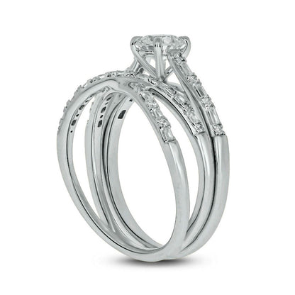 0.75 CT. T.W. Baguette and Round Natural Diamond Alternating Crossover Bridal Engagement Ring Set in Solid 10K White Gold