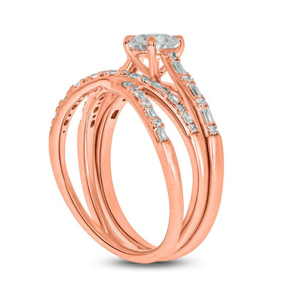 0.75 CT. T.W. Baguette and Round Natural Diamond Alternating Crossover Bridal Engagement Ring Set in Solid 10K Rose Gold