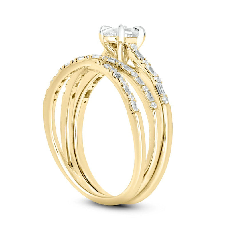 0.75 CT. T.W. Oval Natural Diamond Alternating Crossover Bridal Engagement Ring Set in Solid 10K Yellow Gold