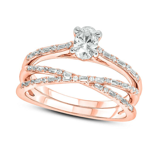 0.75 CT. T.W. Oval Natural Diamond Alternating Crossover Bridal Engagement Ring Set in Solid 10K Rose Gold