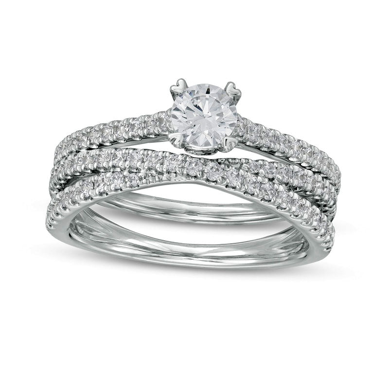 1.0 CT. T.W. Natural Diamond Multi-Row Crossover Bridal Engagement Ring Set in Solid 14K White Gold
