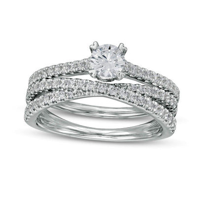 1.0 CT. T.W. Natural Diamond Multi-Row Crossover Bridal Engagement Ring Set in Solid 14K White Gold