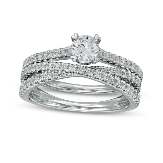 1.0 CT. T.W. Natural Diamond Multi-Row Crossover Bridal Engagement Ring Set in Solid 14K White Gold