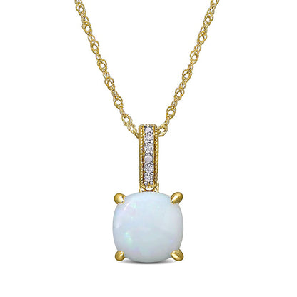 8.0mm Cushion-Cut Opal and Natural Diamond Accent Antique Vintage-Style Drop Pendant in 10K Yellow Gold - 17"