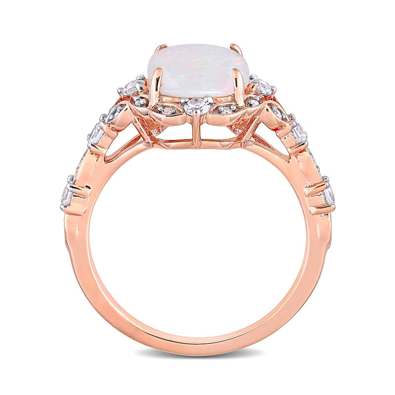 8.0mm Cushion-Cut Opal, White Sapphire and 0.05 CT. T.W. Natural Diamond Ornate Frame Antique Vintage-Style Ring in Solid 10K Rose Gold