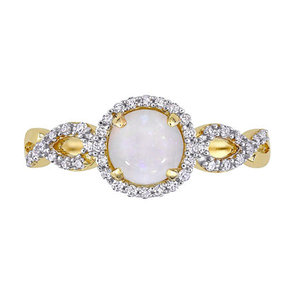6.0mm Opal and 0.17 CT. T.W. Natural Diamond Frame Infinity Shank Promise Ring in Solid 10K Yellow Gold