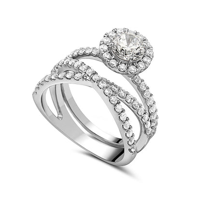 1.75 CT. T.W. Natural Diamond Frame Criss-Cross Bridal Engagement Ring Set in Solid 14K White Gold