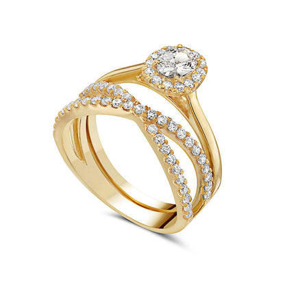 1.0 CT. T.W. Oval Natural Diamond Frame Criss-Cross Bridal Engagement Ring Set in Solid 14K Gold