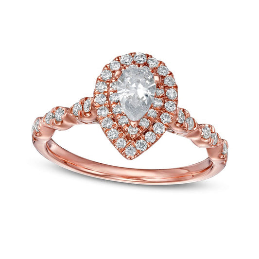 1.0 CT. T.W. Pear-Shaped Natural Diamond Double Frame Scallop Shank Engagement Ring in Solid 10K Rose Gold