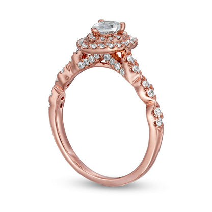 1.0 CT. T.W. Pear-Shaped Natural Diamond Double Frame Scallop Shank Engagement Ring in Solid 10K Rose Gold