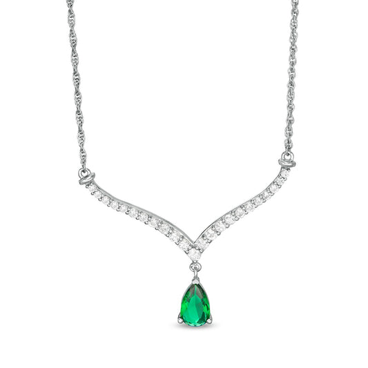 Pear-Shaped Lab-Created Emerald and White Sapphire Chevron Necklace in Sterling Silver