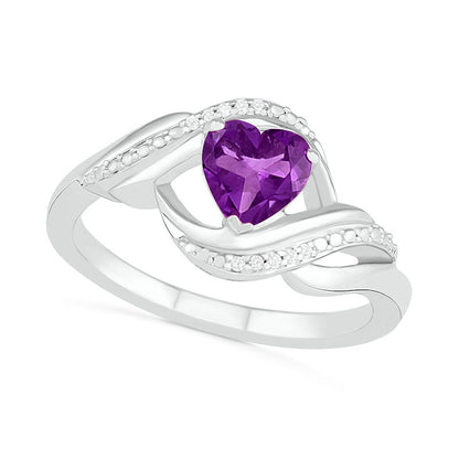 Heart-Shaped Amethyst and Natural Diamond Accent Ribbon Ring in Sterling Silver