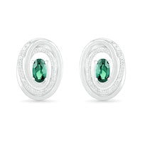 Oval Lab-Created Emerald and 0.07 CT. T.W. Diamond Beaded Open Swirl Frame Stud Earrings in Sterling Silver