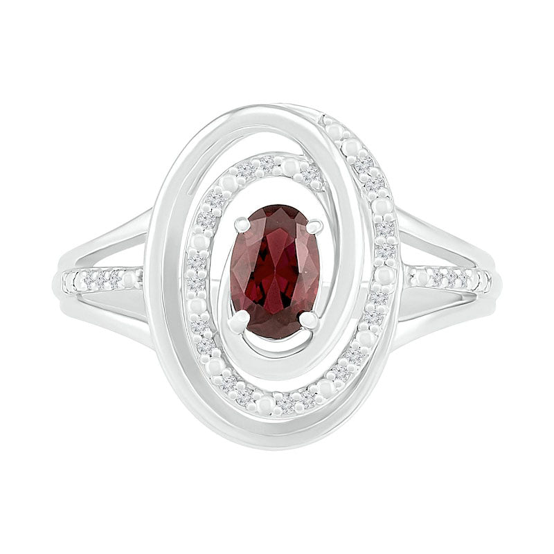 Oval Garnet and 0.07 CT. T.W. Natural Diamond Beaded Open Swirl Frame Triple Row Split Shank Ring in Sterling Silver