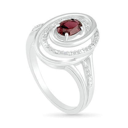 Oval Garnet and 0.07 CT. T.W. Natural Diamond Beaded Open Swirl Frame Triple Row Split Shank Ring in Sterling Silver