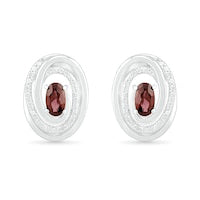 Oval Garnet and 0.07 CT. T.W. Diamond Beaded Open Swirl Frame Stud Earrings in Sterling Silver