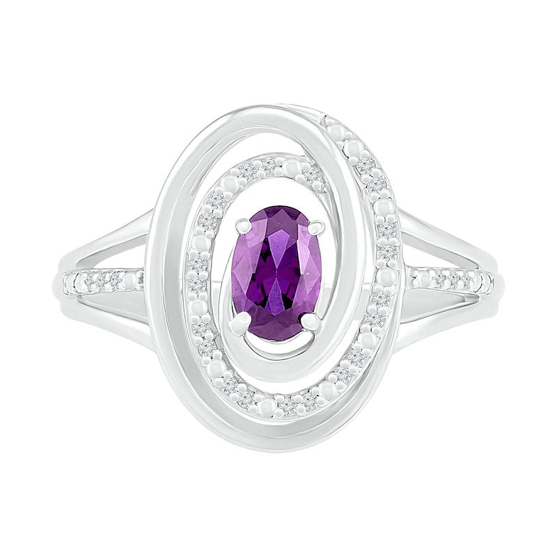 Oval Amethyst and 0.07 CT. T.W. Natural Diamond Beaded Open Swirl Frame Triple Row Split Shank Ring in Sterling Silver