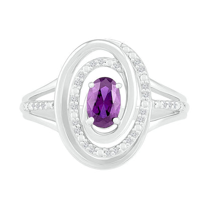 Oval Amethyst and 0.07 CT. T.W. Natural Diamond Beaded Open Swirl Frame Triple Row Split Shank Ring in Sterling Silver
