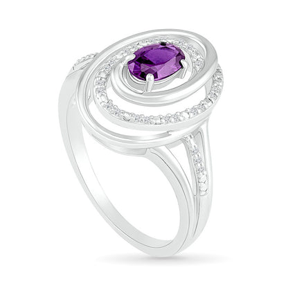 Oval Amethyst and 0.07 CT. T.W. Natural Diamond Beaded Open Swirl Frame Triple Row Split Shank Ring in Sterling Silver