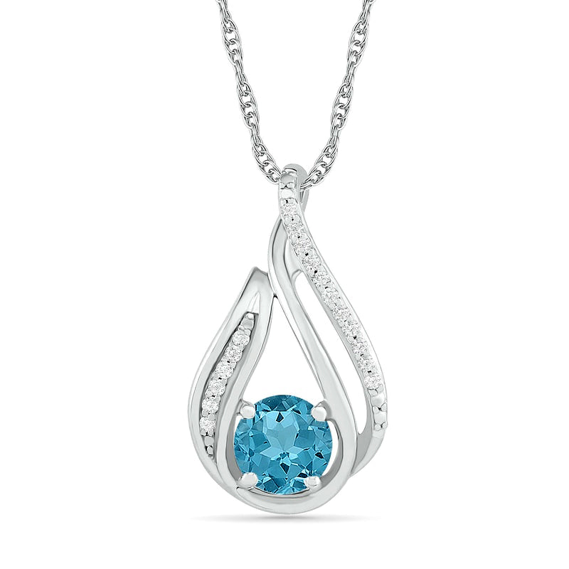 6.0mm Aquamarine and 0.07 CT. T.W. Natural Diamond Beaded Open Flame Pendant in Sterling Silver