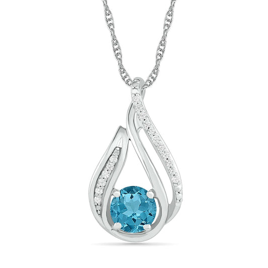 6.0mm Aquamarine and 0.07 CT. T.W. Natural Diamond Beaded Open Flame Pendant in Sterling Silver