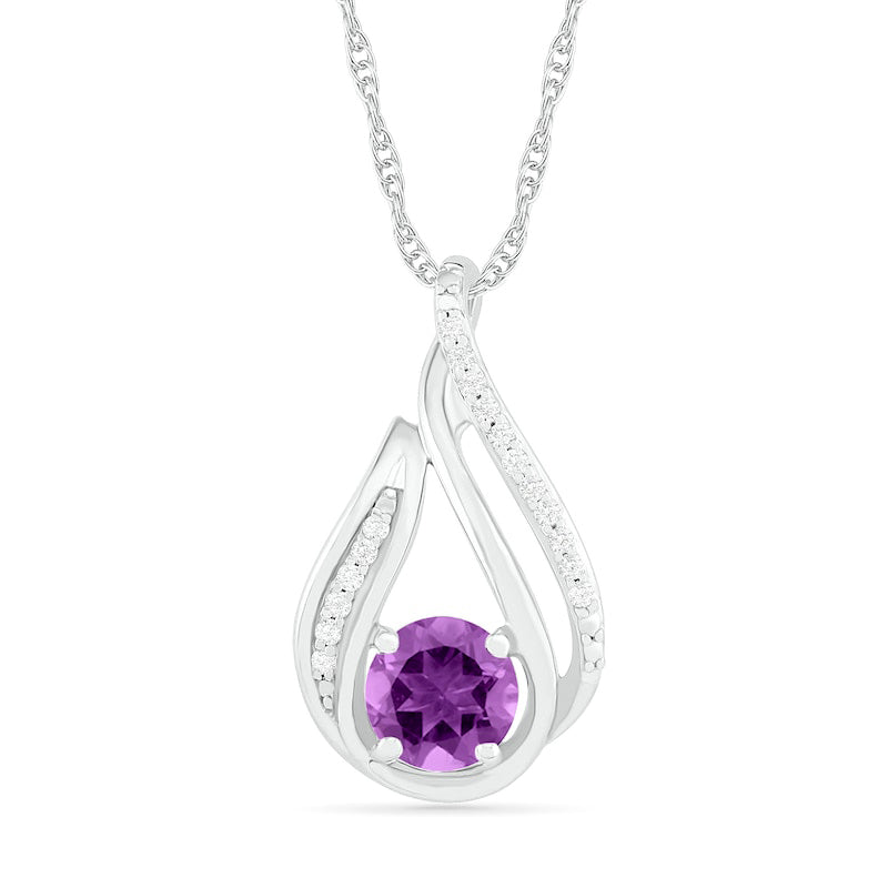 6.0mm Amethyst and 0.07 CT. T.W. Natural Diamond Beaded Open Flame Pendant in Sterling Silver