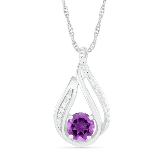 6.0mm Amethyst and 0.07 CT. T.W. Natural Diamond Beaded Open Flame Pendant in Sterling Silver