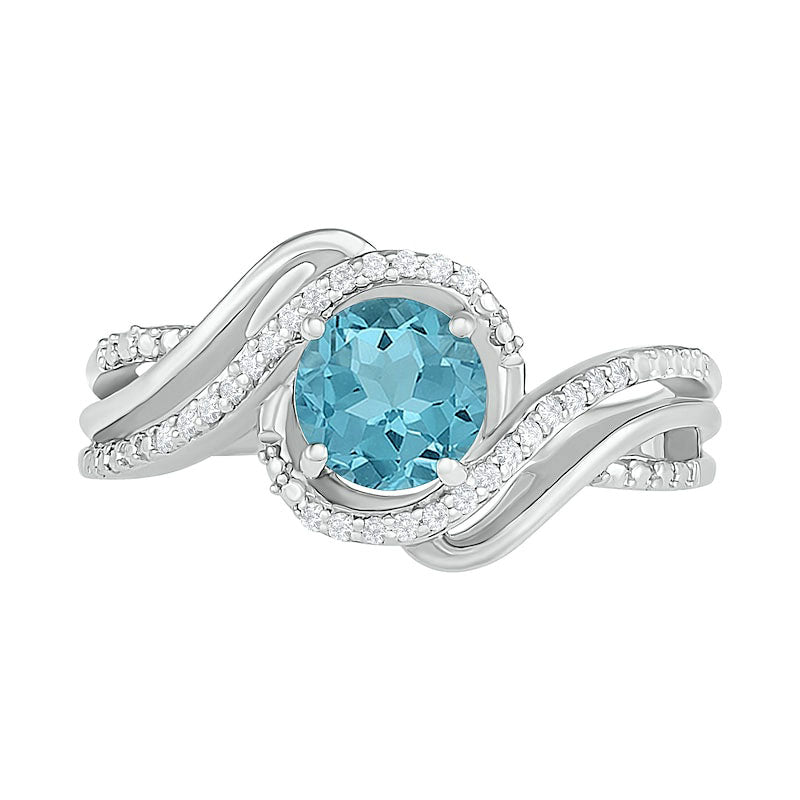 6.0mm Aquamarine and 0.07 CT. T.W. Natural Diamond Beaded Triple Row Bypass Twist Shank Ring in Sterling Silver