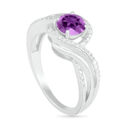 6.0mm Amethyst and 0.07 CT. T.W. Natural Diamond Beaded Triple Row Bypass Twist Shank Ring in Sterling Silver