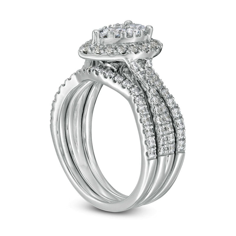 1.38 CT. T.W. Composite Natural Diamond Pear-Shaped Frame Multi-Row Three Piece Bridal Engagement Ring Set in Solid 14K White Gold