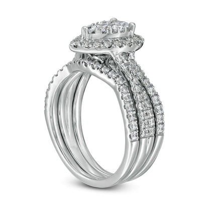 1.38 CT. T.W. Composite Natural Diamond Pear-Shaped Frame Multi-Row Three Piece Bridal Engagement Ring Set in Solid 14K White Gold