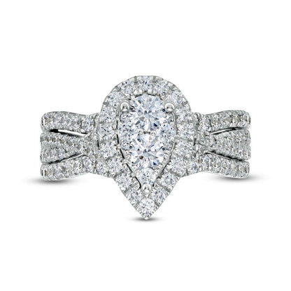 1.38 CT. T.W. Composite Natural Diamond Pear-Shaped Frame Multi-Row Three Piece Bridal Engagement Ring Set in Solid 14K White Gold