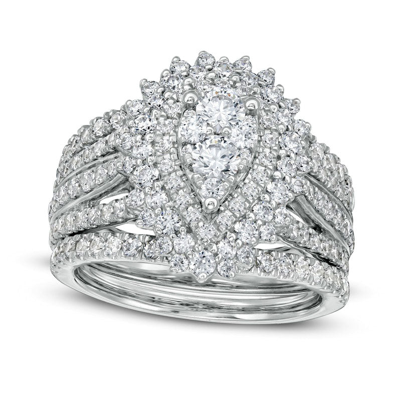 1.88 CT. T.W. Composite Natural Diamond Double Frame Sunburst Three Piece Bridal Engagement Ring Set in Solid 14K White Gold