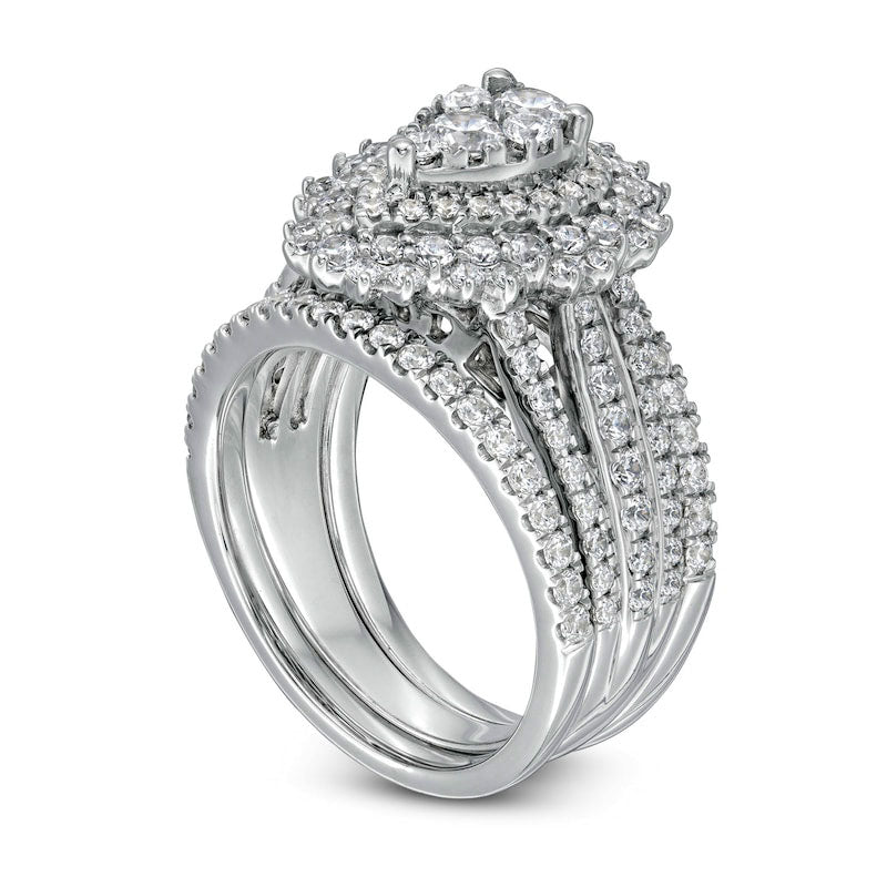 1.88 CT. T.W. Composite Natural Diamond Double Frame Sunburst Three Piece Bridal Engagement Ring Set in Solid 14K White Gold