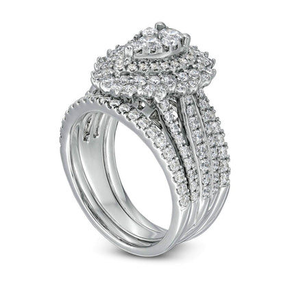 1.88 CT. T.W. Composite Natural Diamond Double Frame Sunburst Three Piece Bridal Engagement Ring Set in Solid 14K White Gold