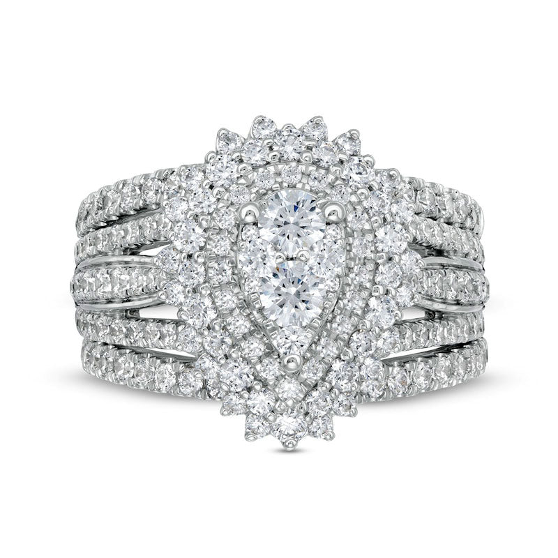 1.88 CT. T.W. Composite Natural Diamond Double Frame Sunburst Three Piece Bridal Engagement Ring Set in Solid 14K White Gold