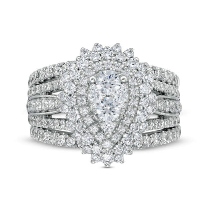 1.88 CT. T.W. Composite Natural Diamond Double Frame Sunburst Three Piece Bridal Engagement Ring Set in Solid 14K White Gold