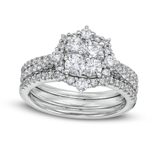 1.33 CT. T.W. Composite Natural Diamond Ornate Frame Three Piece Bridal Engagement Ring Set in Solid 14K White Gold