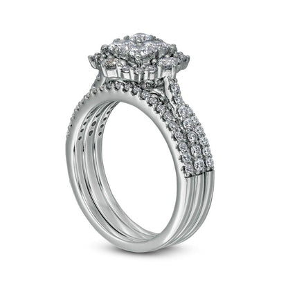 1.33 CT. T.W. Composite Natural Diamond Ornate Frame Three Piece Bridal Engagement Ring Set in Solid 14K White Gold