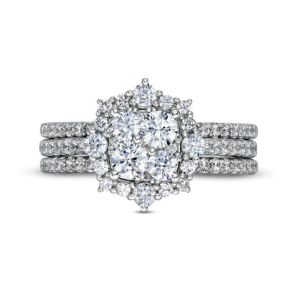 1.33 CT. T.W. Composite Natural Diamond Ornate Frame Three Piece Bridal Engagement Ring Set in Solid 14K White Gold