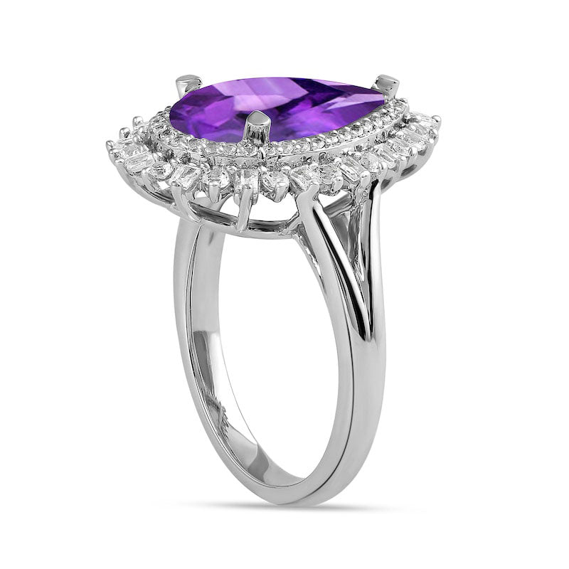 Pear-Shaped Amethyst and White Lab-Created Sapphire Double Shadow Frame Split Shank Ring in Sterling Silver