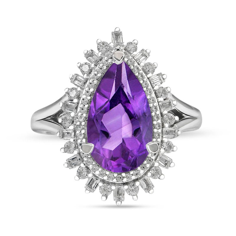 Pear-Shaped Amethyst and White Lab-Created Sapphire Double Shadow Frame Split Shank Ring in Sterling Silver